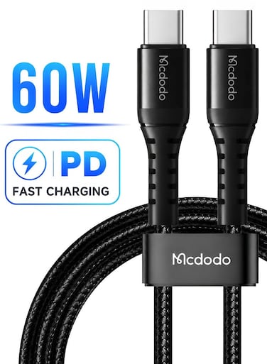 Mcdodo 60W USB-C to USB-C Bending Reinforced Cable 1m, PD Fast Charging, Nylon Braided, for iPhone 15 16, Samsung Galaxy, Android, Tablets and Laptops, Black, CA-5641
