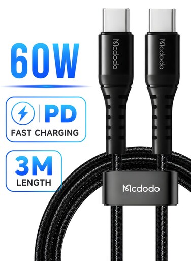 Mcdodo 36W USB-C to USB-C Fast Charging Cable for Samsung/Apple, 3 Meter Length, Black
