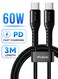 Mcdodo 36W USB-C to USB-C Fast Charging Cable for Samsung/Apple, 3 Meter Length, Black