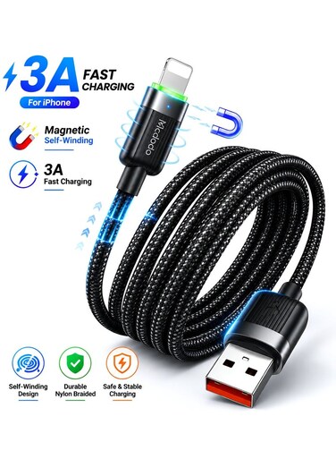 Mcdodo Lightning Cable 1.2m Fast Charging 3A CA-6000 Black, USB A to Lightning Magnetic Self Winding Data Cable, High Speed Sync, Tangle Free Durable Charger Cord