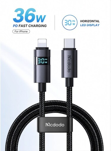 Mcdodo Horizontal LED Display iPhone Cable 36W USB-C to Lightning 1.2m – Fast Charging PD Data Sync for iPhone 14 13 12 11, iPad AirPods – Black