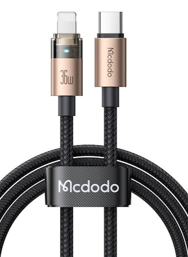 Mcdodo 36W USB-C to Lightning Fast Charging Cable with LED Indicator, Durable Braided Nylon & Transparent Design for iPhone, iPad (1.2m/4ft) CA-6941 - Gold