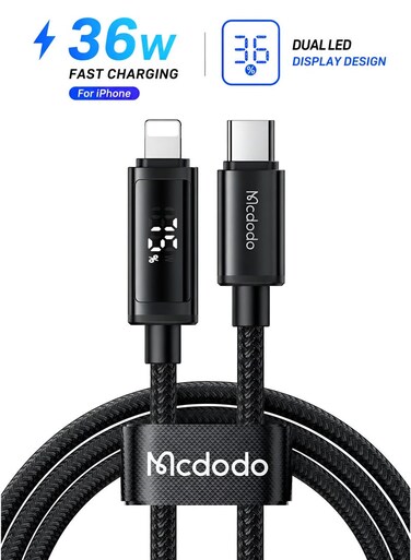 Mcdodo USB C to Lightning Cable 36W Fast Charging 1.2m CA-7990 Black, Dual LED Display PD Data Cable, High Speed Sync, Durable Charger Cord