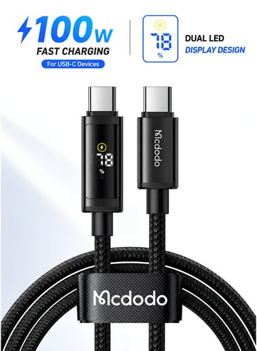Mcdodo USB C to USB C Cable 100W Fast Charging 1.2m CA-8000 Black, Dual LED Display PD Data Cable, High Speed Sync, Durable Charger Cord