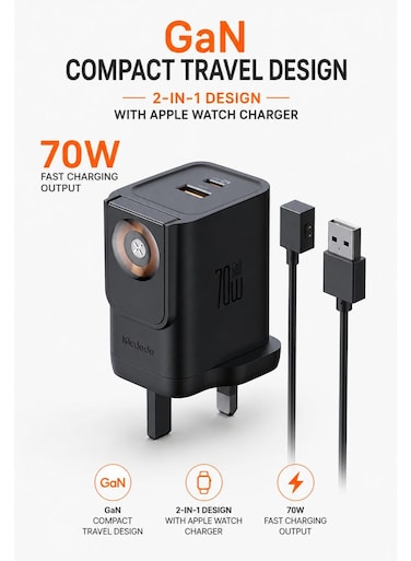 Mcdodo CH-8300 70W GaN Travel Charger UK Plug 1C+1A 2 in 1 with Built-in Apple Watch Charger Black USB-C PD Fast Charging Adapter