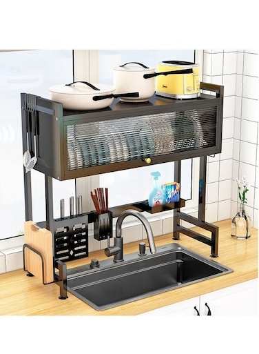 Over the Sink Dish Drying Rack &acirc;&euro;&ldquo; 85cm Stainless Steel Dish Drainer with Cutting Board Holder, Large Black Kitchen Counter Organizer