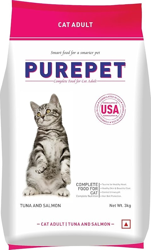 Purepet Adult Dry Cat Food, Tuna &amp; Salmon, 3 Kg   Complete &amp; Balanced Nutrition, Taurine For Healthy Heart, Controls Urinary pH, Healthy Skin &amp; Coat