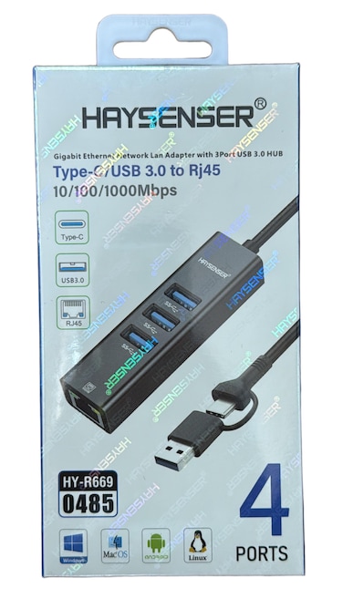 Haysenser Gigabit Ethernet LAN Adapter with 3-Port USB 3.0 Hub &ndash; USB-C &amp; USB-A to RJ45   Model: HY-R669