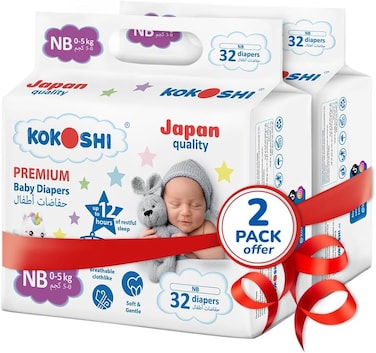 Kokoshi Premium Baby Diapers Size Newborn (0&ndash;5kg), 64 Pcs &ndash; Ultra-Soft, Hypoallergenic, 12h Protection, Breathable, Leak-Proof Japanese, Wetness Indicator