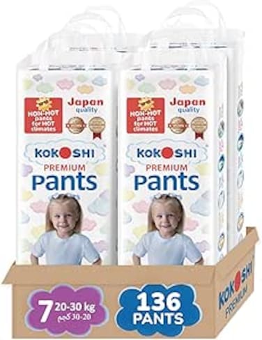Kokoshi Premium Baby Pants, Size 7 for babies 20-30kg, Eco-friendly and Hypoallergenic Nappies, Japan Quality Ultimate Softness Leakproof for Skin Care Protection (Size 7-136 pcs)