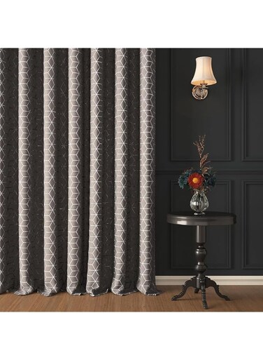 Story@Home 152 Cm Faux Silk Hexagon Pattern 100% Blackout Foil Grommet Window Curtain, Grey, 1 Piece