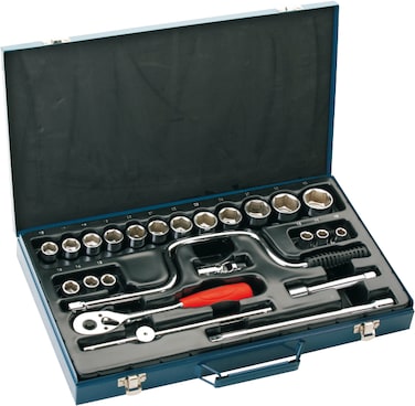 Jetech 24-Piece 1/2-Inch (10mm - 32mm) Drive Socket Set, 6-Point Metric Cr-V Sockets, Includes Ratchet, Speeding Handle, Universal Joint, Sliding Rod, Extension Bars with Metal Storage Box for Repair Mechanic Garage - SK1/2-24S