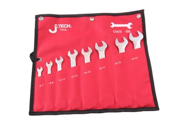 Jetech 8-Piece Double Open Wrench Set - Metric sizes 6-22mm - High Strength Sand Blasted Cr-V Steel Spanner Set with Rolling Pouch - OWS-S8