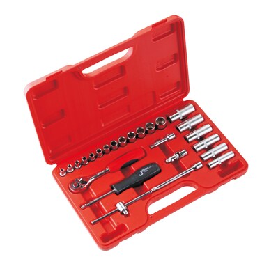Jetech 25-Piece 1/4-Inch Drive Socket Set, 6-Point Metric Cr-V Sockets, 4&ndash;14mm Standard &amp; Deep Sockets, Quick-Release Ratchet, Extension Bars, Sliding Rod &amp; Spinner Handle &ndash; SK1/4-25SP