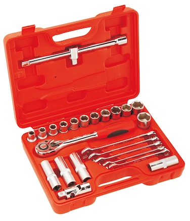 Jetech 25-Piece Metric Socket Set, 1/2-Inch Drive Cr-V Sockets, Ratchet Wrench, Extension Bar, Universal &amp; Tri-Function Joint, Spark Plug Socket, Wrenches with Storage Case &ndash; SK1/2-25SP