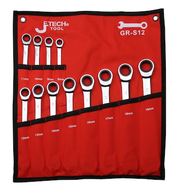 Jetech Gear Wrench Set 12-Piece, Ratcheting Combination Spanner Set, 12-Point 72-Tooth Ratchet, Forged and Heat-Treated Cr-V Steel, Metric Includes Sizes 8mm&ndash;19mm with Canvas Pouch- GR-S12