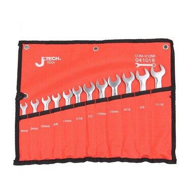 Jetech Combination Wrench Set 12-Piece SAE and Metric, Industrial Grade Chrome Vanadium Steel Spanner Set with 12-Point Offset Design, 15-Degree Angle - COM-S12MI