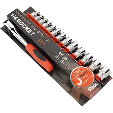 Jetech 14-Piece Socket Set, 1/4-Inch Drive. 4-14mm Socket Wrench Kit, Metric CR-V Sockets, Quick Release Spanner, Includes Storage Rack, Chrome Vanadium Alloy Steel, 6-Point Design - SK1/4-14SJ