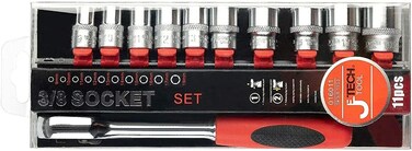 Jetech 11-Piece 3/8 Inch Drive Ratchet Socket Wrench Set, Metric 9mm-19mm, Cr-V Steel, Quick Release Reversible, with Hanging Storage Rack - SK3/8-11SJ