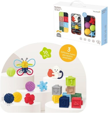 Youleen 16-Piece Newborn Sensory Toy Kit &ndash; High-Contrast Montessori Set for Babies 3 Months+ &ndash; Tactile Development Balls, Rattles, &amp; Crinkle Books &ndash; Ideal Infant Gift Set for Visual &amp; Motor Skills