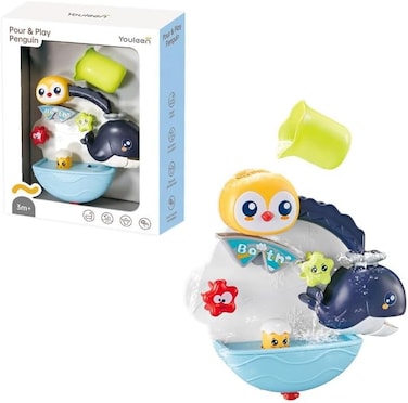 Youleen Pour &amp; Play Penguin Bath Toy &ndash; Baby Bathtub Waterfall Station with Spinning Sea Animals &ndash; Educational Water Toy for Toddlers &amp; Infants 36 Months+