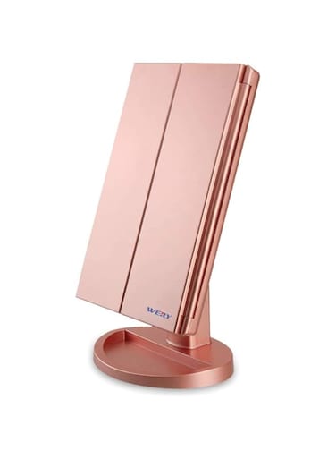 WEILY Lighted Makeup Mirror, Tri-fold Vanity Mirror with 1X/2X/3X Magnification Mirrors, 21 Natural LED Nights and Touch Screen, Chargeable Travel Cosmetic Mirror for Desktop (Rose Gold)
