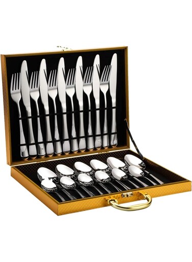 24-Piece Stainless Steel Luxury Cutlery Set Spoons, Forks, and Knives, Silver