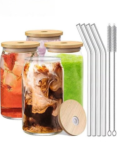 Drinking Glasses Set,4 Pack 16oz Can Shaped Glass Cups With Cover And Straw,Beer Glasses, Iced Coffee Glasses,2 Cleaning Brushes,Travel Coffee Mug Set