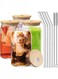 Drinking Glasses Set,4 Pack 16oz Can Shaped Glass Cups With Cover And Straw,Beer Glasses, Iced Coffee Glasses,2 Cleaning Brushes,Travel Coffee Mug Set