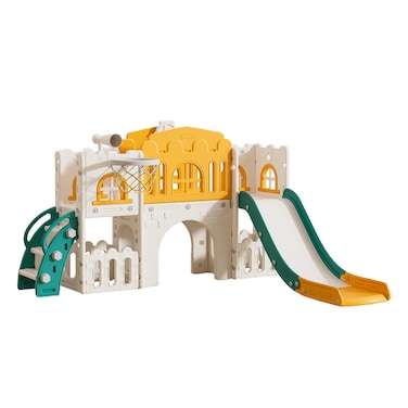 Toddler Multifunction Slide Set Kids Plastic Slides with Climber,Toddler Play Set with Basketball Hoop and Ball,Outdoor Indoor Playground