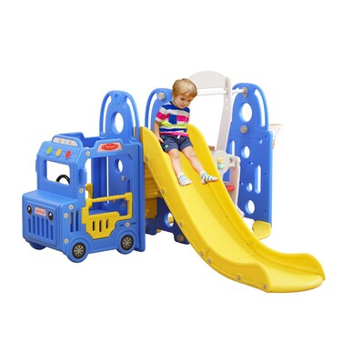 Bus Theme Colorful Plastic Swing Slide Set For Kids Indoor