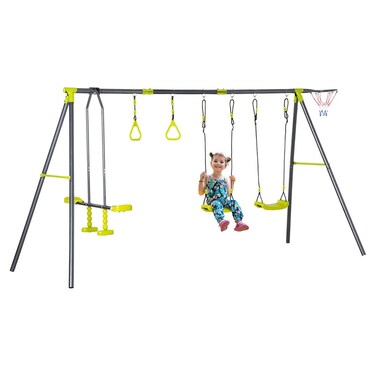 5 IN 1 Kids Garden Swing Set for Backyard, Outdoor Play Equipment, w/ Adjustable Swing Seats, Seesaw, Basket Hoop, Gym Rings, A-Frame Metal Stand, for Ages 3-10 Years