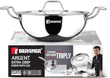 Bergner Argent 24cm (3.8L) Tri-Ply Stainless Steel Deep Stir-Fry Pan, Multipurpose Curry Pan with Lid, Less Oil Use Healthy Cooking, Food Safe, Stay-Cool Handles, Induction &amp; Gas Stove Compatible