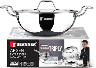Bergner Argent 26cm (4.5L) Tri-Ply Stainless Steel Deep Stir-Fry Pan, Multipurpose Curry Pan with Lid, Less Oil Use Healthy Cooking, Food Safe, Stay-Cool Handles, Induction &amp; Gas Stove Compatible