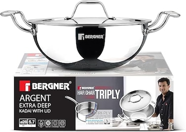 Bergner Argent 28cm (5.7L) Tri-Ply Stainless Steel Deep Stir-Fry Pan, Multipurpose Curry Pan with Lid, Less Oil Use Healthy Cooking, Food Safe, Stay-Cool Handles, Induction &amp; Gas Stove Compatible