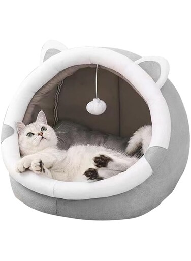 1 pcs Indoor Kitten And Puppy Cat Bed, Lovely Cat Ear Shaped Cat Bed, Cat Hole Bed With Hanging Toys, Cat Tent House, Cat House, Removable Cotton Pad Comfortable Small Pet Bed (S)