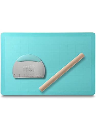 Gallery Large Silicone Baking Mat Extra Thick Non Stick Non Slip Pastry Silicone Mat for Baking with 1 pc Wooden Rolling Pin and 1 pc Stainless Steel Scraper Blue Color