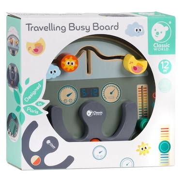 Classic World Travelling Busy Board - Portable Wooden Activity Toy for Toddlers, Travel Toy for Kids, Buttoning, Zipping, Tying Activities, Gift for Babies, Busy Board for Toddlers