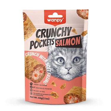 WANPY Crunchy Pocket Salmon &amp; Roe Recipe &ndash; Dual Texture Cat Treat with Creamy Center
