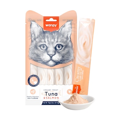 Wanpy Creamy Lickable Cat Treats &ndash; Tuna &amp; Salmon (14gx5) &ndash; 1Box 12pcs
