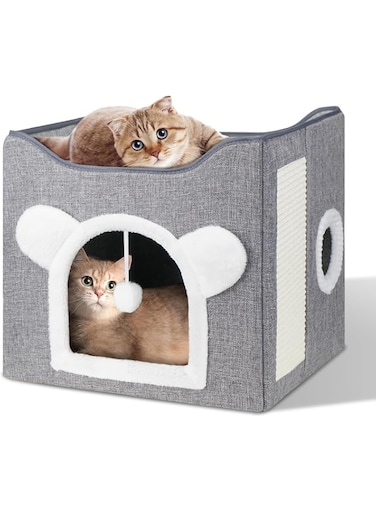 MostNow Cat Beds,Large Cat Cave for Pet Cat House with Fluffy Ball Hanging and Scratch Pad,Cat Houses &amp; Condos,cat Cubes,Cat Hideaway, Covered Cat Bed for Multi Small Pet Large Kitty (Grey, Classic)