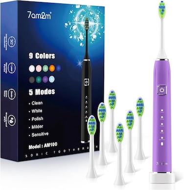 7AM2M Sonic Electric Toothbrush with 6 Brush Heads for Adults and Kids, One Charge for 120 Days, Wireless Fast Charge, 5 Modes with 2 Minutes Built in Smart Timer, Electric Toothbrushes (Purple)

