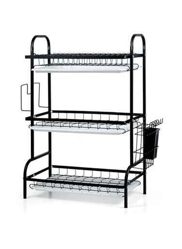 BERAM Dish Drying Kitchen Rack, 3 Tier, Storage Organizer, Carbon Steel and Rust-Proof, with Drip Tray, Knife Holder, Cutting Board Holder, Black