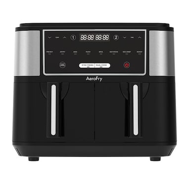 Aerofy Dual Zone Digital Air Fryer 9L, 2 Drawers 4.5L each, 8-in-1 Functions, Air Fry, Max Crisp, Roast, Bake, Reheat, Dehydrate, Sync Finish, Oil-Free Cooking, Dishwasher Safe, 2-Year Warranty.