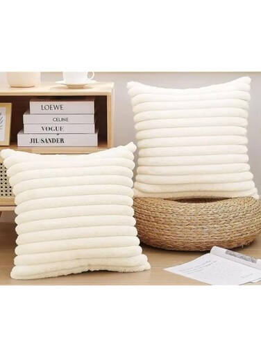 2 Faux Fur Plush Decorative Throw Pillowcases Fuzzy Striped Soft Cushion Covers - 45x45 cm - For Sofa Couch Bedroom - HomeLux (Cream White)