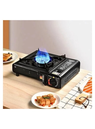 مجموعة مواقد غاز للتخييم - موقد خارجي صغير الحجم مع حقيبة، وموقد صغير، وملحق شواء للنزهات والمغامرات الخارجية - محمول، بتصميم مربع، مثالي