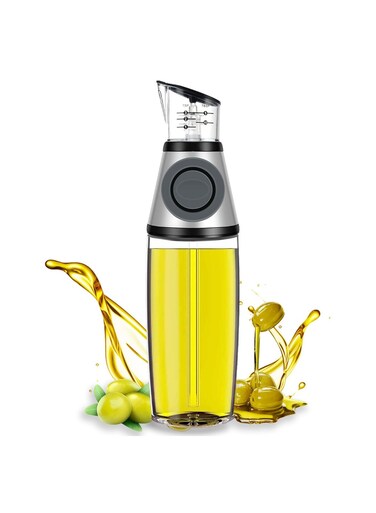 Olive Oil Dispenser Bottle with Measuring Scale - Drip-Free Glass Oil Pourer for Kitchen, Clear Glass Vinegar &amp; Oil Dispenser with Pump, Refillable