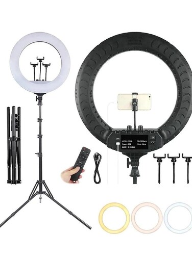 حلقة إضاءة LED مقاس 18 بوصة مع حامل - حلقة إضاءة تجميلية للصور الشخصية والتصوير الفوتوغرافي والمكياج والصور الشخصية والبث المباشر والفيديو - إضاءة LED قابلة للتعديل
