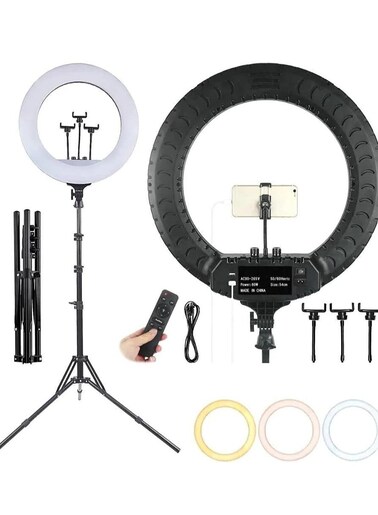 حلقة إضاءة LED مقاس 18 بوصة مع حامل - حلقة إضاءة تجميلية للصور الشخصية والتصوير الفوتوغرافي والمكياج والصور الشخصية والبث المباشر والفيديو - إضاءة LED قابلة للتعديل