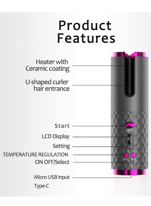 Cordless Hair Curling Iron &ndash; Fast Heating Wireless Auto Curler with Timer Setting, 6 Temperature Adjustable, Portable &amp; Rechargeable Hair Curler